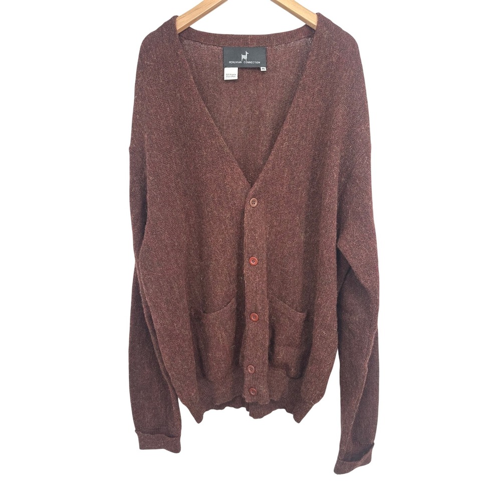 Peruvian Connection Alpaca Sweater Cardigan Women XL Brown Luxury Preppy Pockets